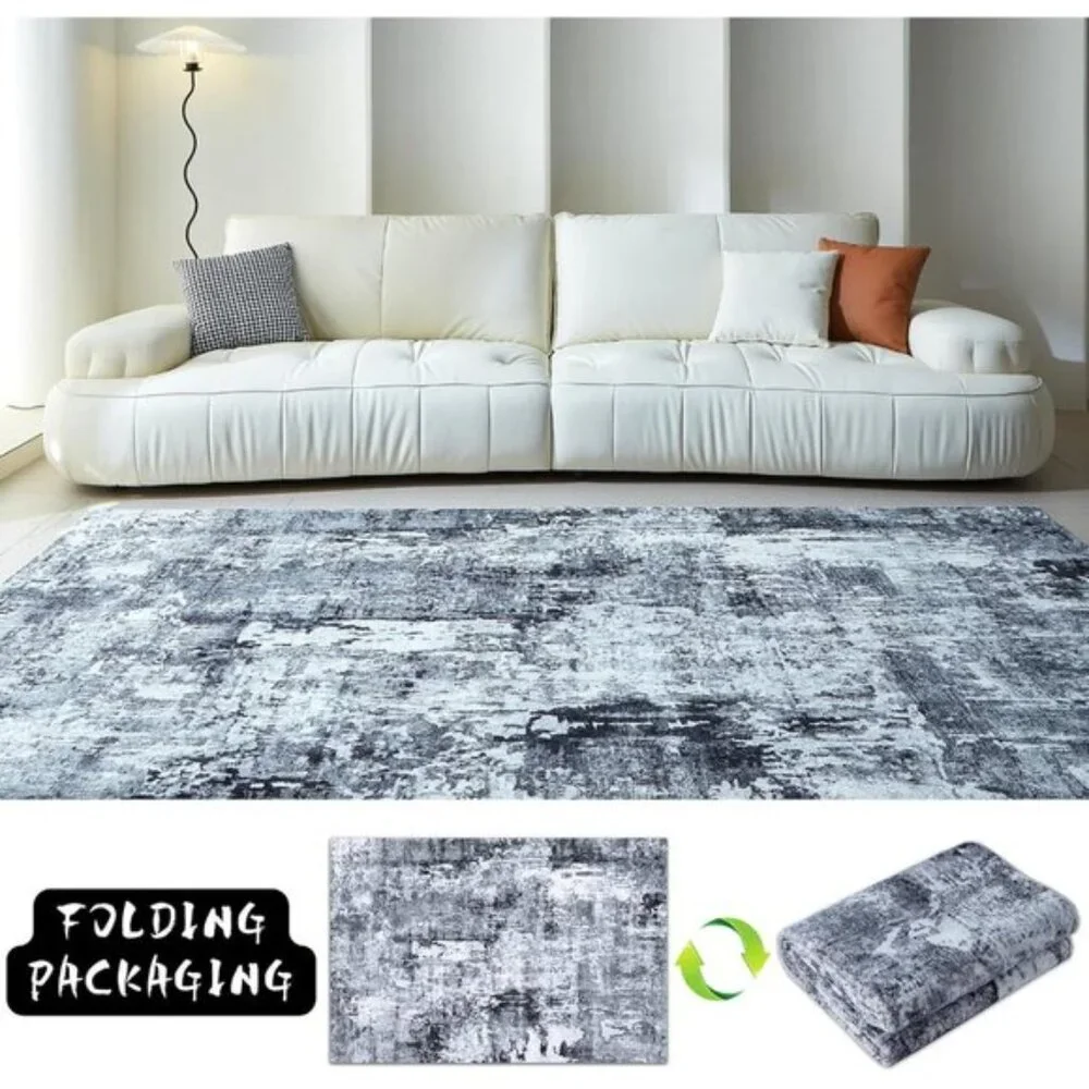 New 5x7 Washable Area Rug, Soft Faux Wool Non-Slip Carpet in Grey and Black